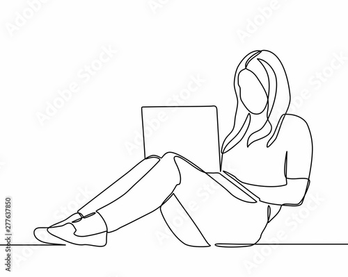 continuous line drawing of woman is playing a laptop. Teen browsing a laptop searching information online. vector illustration isolated on white background