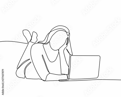 continuous line drawing of woman is playing a laptop. Teen browsing a laptop searching information online. vector illustration isolated on white background
