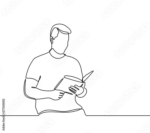 Continuous line drawing of businessman sitting and reading a book. Young students sit in the library or on campus and read books. Learning, Education. vector illustration isolated on white background