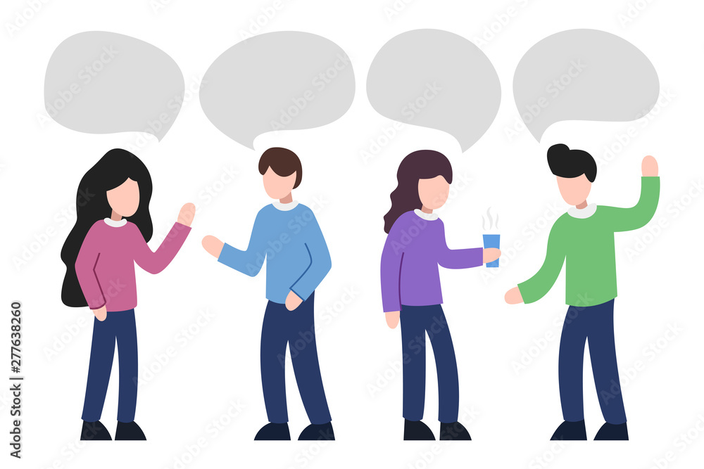 Group of people having conversation. People with blank speech bubbles. Flat colors. Web banner. Vector illustration. Group of people having conversation. People with blank speech bubbles. Flat colors. Web banner. Vector illustration.