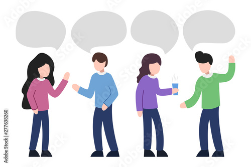 Group of people having conversation. People with blank speech bubbles. Flat colors. Web banner. Vector illustration.
