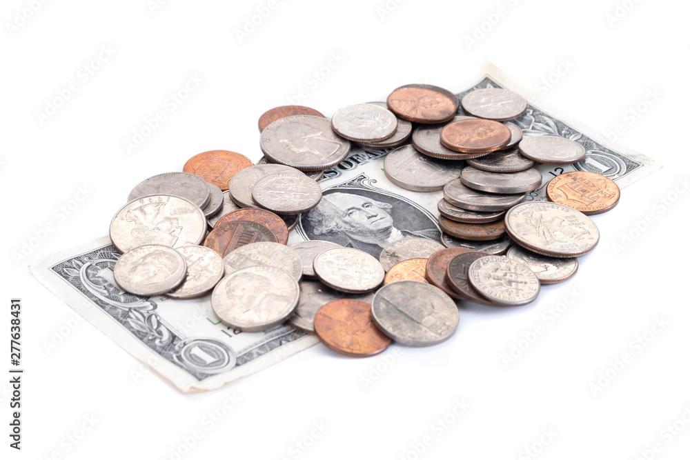 Money, US Dollars bank notes, penny, nickel, dime, quarter on a white background. Money, US Dollars bank notes, penny, nickel, dime, quarter on a white background.