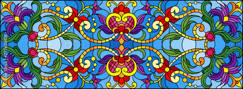 Illustration in stained glass style with abstract swirls,flowers and leaves on a blue background,horizontal orientation