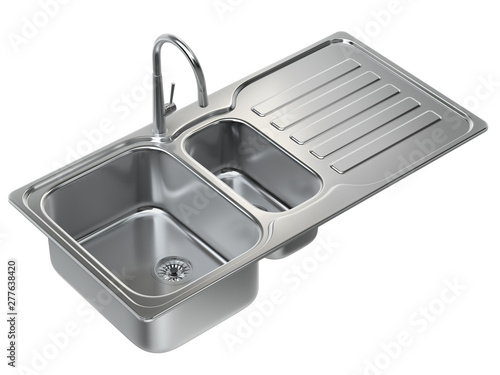 Kitchen sink with tap and double bowl isolated on white background - 3D illustration