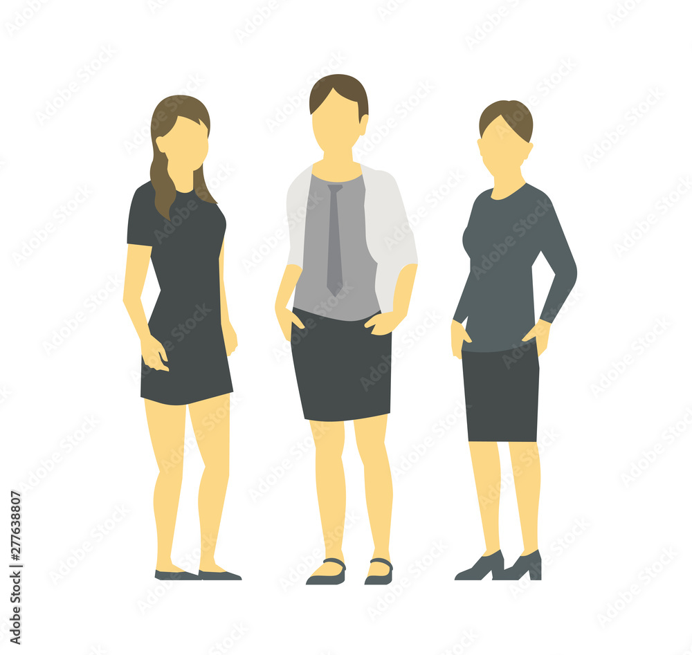 Fototapeta premium A group of womens. Business lady. Team of businesswomen. Teamwork. Work partnership leadership. Three women in business clothes. Vector flat.