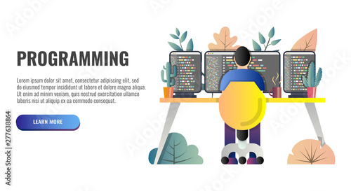 Programmer at work concept. Web banner. Vector illustration