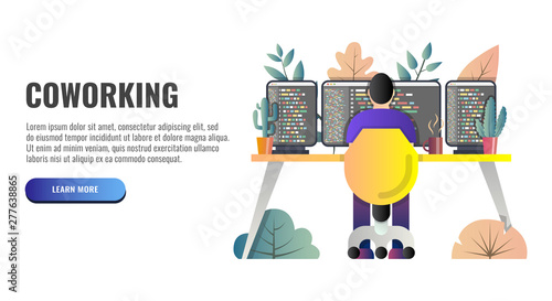 Workspace office concept. Man working at the computer. Web banner. Vector illustration.