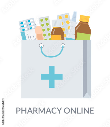 Package of drugs from the pharmacy. Online ordering of medicines. Medical concept of drug store. Flat vector illustration. 