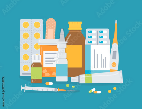 Different medicaments on the table. Pills, ointments, sprays and drugs. Medical concept for pharmacy or drug store. Flat vector illustration. 