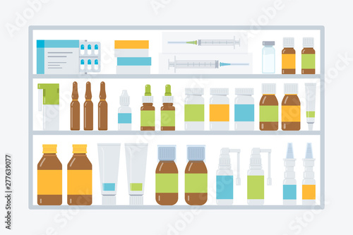 Shelves with drugs in the pharmacy. Medical concept. Flat vector illustration. 