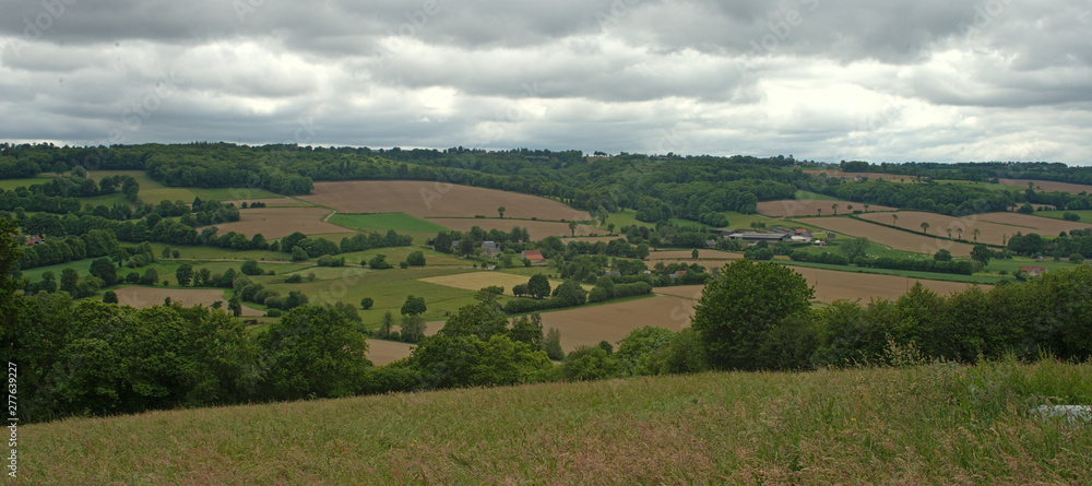 View from the hill on tranquil landscape in rural Normandy