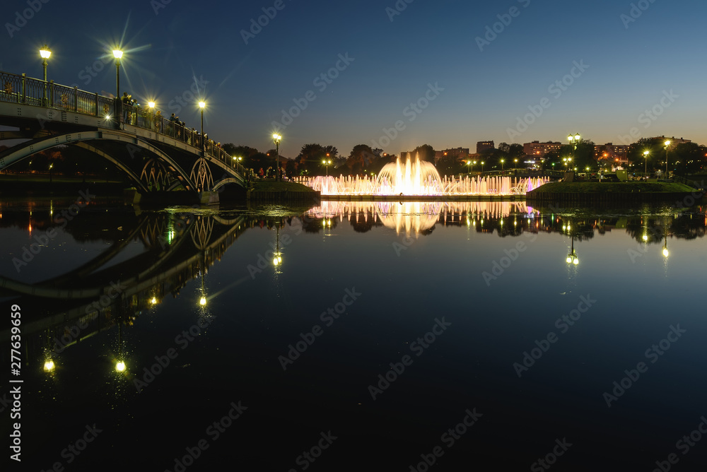 park fountain pond bridge night lights reflection moscow
