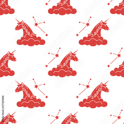 Pattern with magic unicorn, stars, clouds.