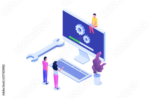 Decktop System update flat style concept. Vector isometric illustration photo