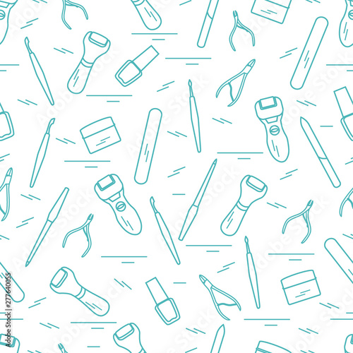 Seamless pattern with variety tools for manicure and pedicure. Personal care.