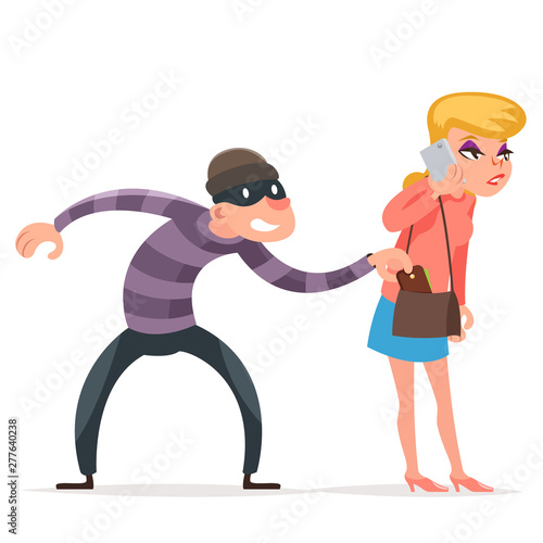 Criminal thief stealing purse from helpless woman female girl character isolated cartoon design template vector illustration