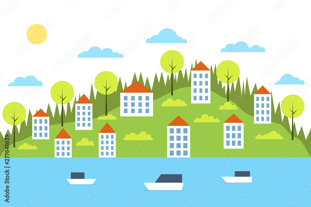 City landscape concept. Geometric urban scene. City landscape with buildings, hills, lake, boats and trees. Vector illustration.