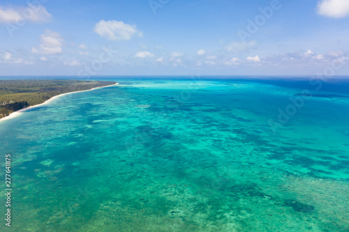 Coral reefs and atolls in the tropical sea, top view. Turquoise sea water and beautiful shallows. Philippine nature.