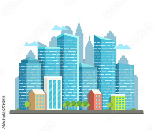 City downtown landscape with high skyscrapers piercing clouds in the sky. Vector illustration.