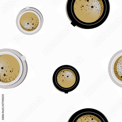  illustration with a pattern of black white coffee mugs with crema and bubbles on a white background