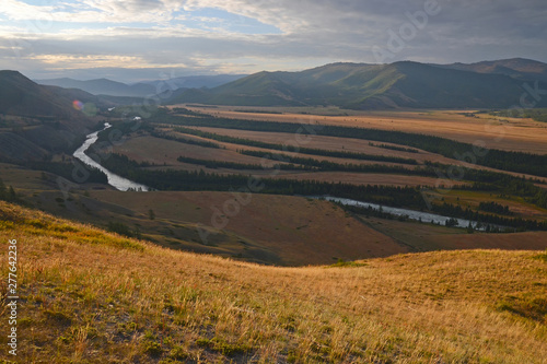 Mountainous landscape. Beautiful sunset above Argut River Valley, Altai Republic, Siberia, Russia.