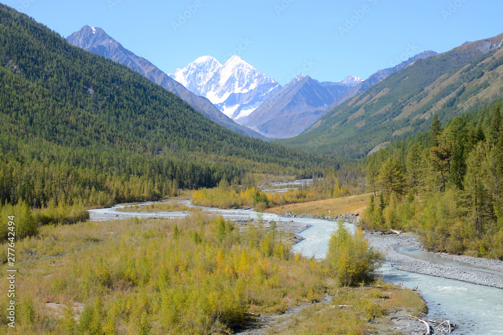 Fototapeta premium Mountainous landscape. Yedygem River and Belukha Mountain (the highest peak of the Altai Mountains). Altai Republic, Siberia, Russia.