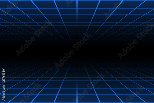 blue light line grid over under one point center perspective dark background retro