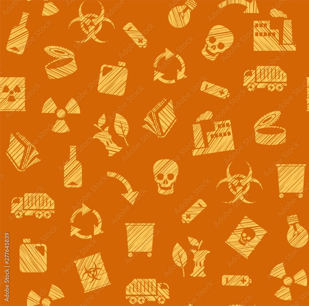 Waste collection and disposal, seamless pattern, pencil hatching, orange, color, vector. Garbage collection, different types of waste. Vector, seamless background. Imitation of pencil hatching. Waste collection and disposal, seamless pattern, pencil hatching, orange, color, vector. Garbage collection, different types of waste. Vector, seamless background. Imitation of pencil hatching.