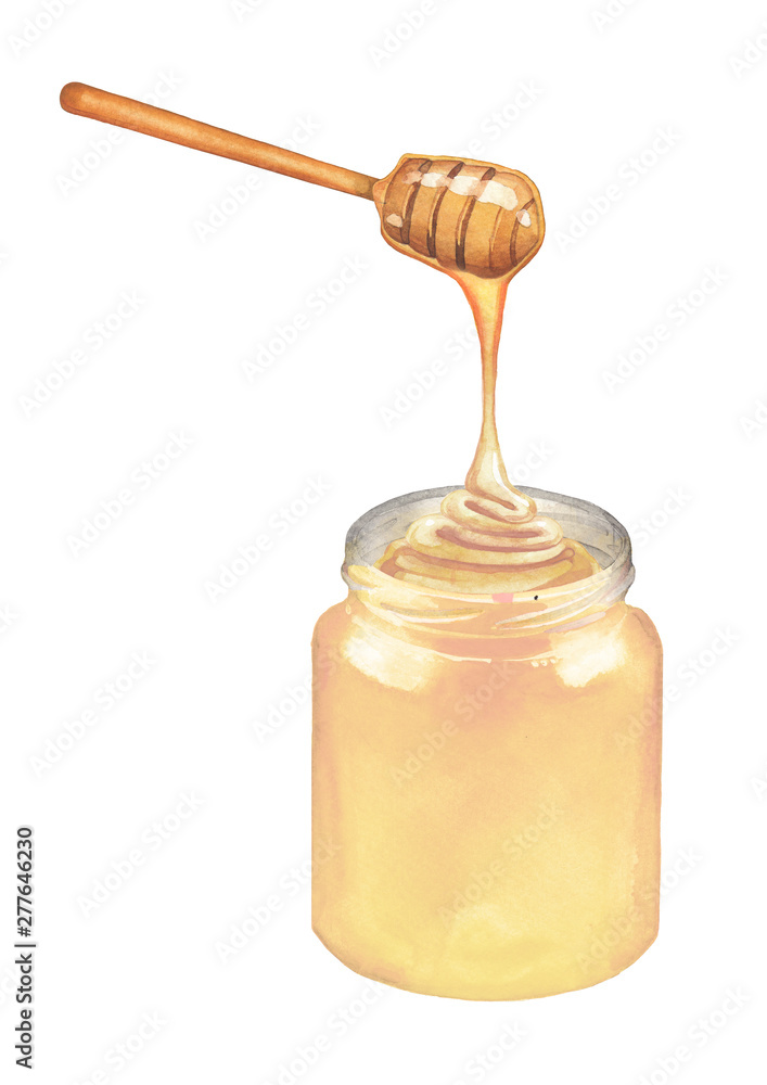 Watercolor light honey flowing from the stick to the bottle. Watercolor light honey flowing from the stick to the bottle.