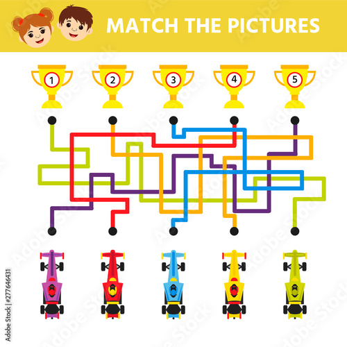 Math Game for children. Labyrinth. Cartoon racing cars. Help the moped get to the finish line. Education developing worksheet. Vector illustration