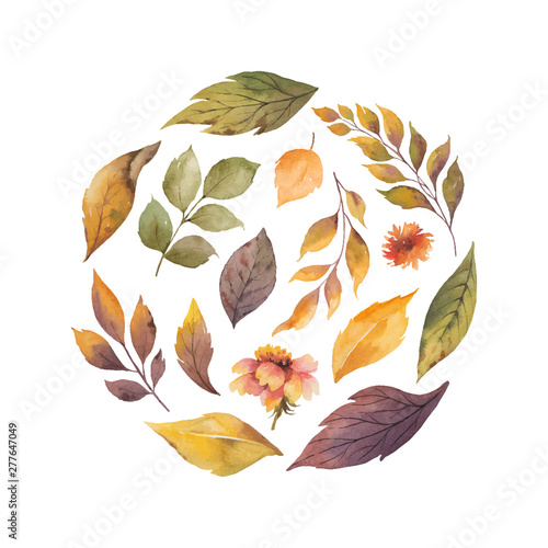 Watercolor vector card with autumn leaves and branches isolated on white background.