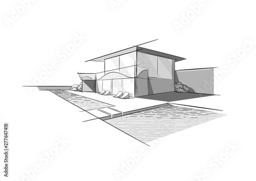House, Real estate rental logo. Beachfront  Luxury Residences. Home with swimming pool and sea view for weekend and holidays. Modern architecture Vacation building poster, hand drawn sketch, vector