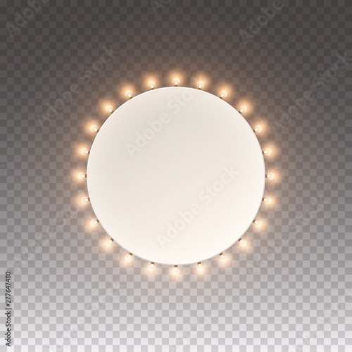 Light circle banner isolated on transparent background. Vector Hollywood bulbs round frame or casino ring border.