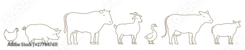 Farm Animal line set. Husbandry production. Cow and bull, duck and chicken. Sheep goat and pig. Outline contour line vector illustration. Horizontal head banner.