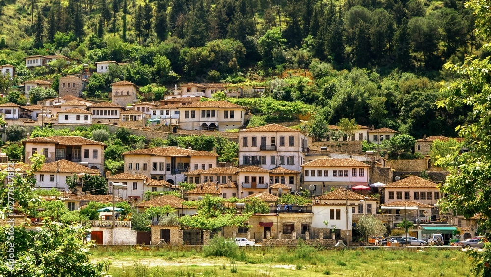 Old houses of Gorica district in the city of Berat, Albania.  Quarter of Gorica. The albanian ancient city of Berat, designated a UNESCO World Heritage Site in 2008