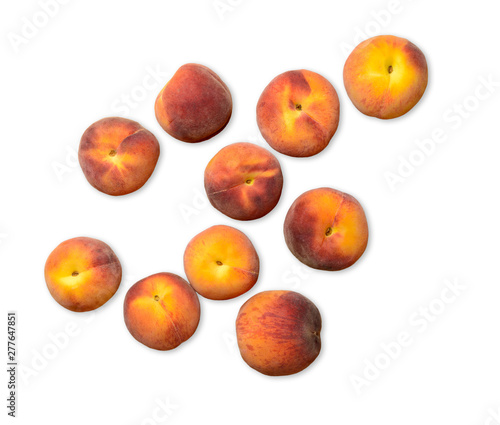 Fresh ripe peaches fruits. Isolated on white background. Top view.