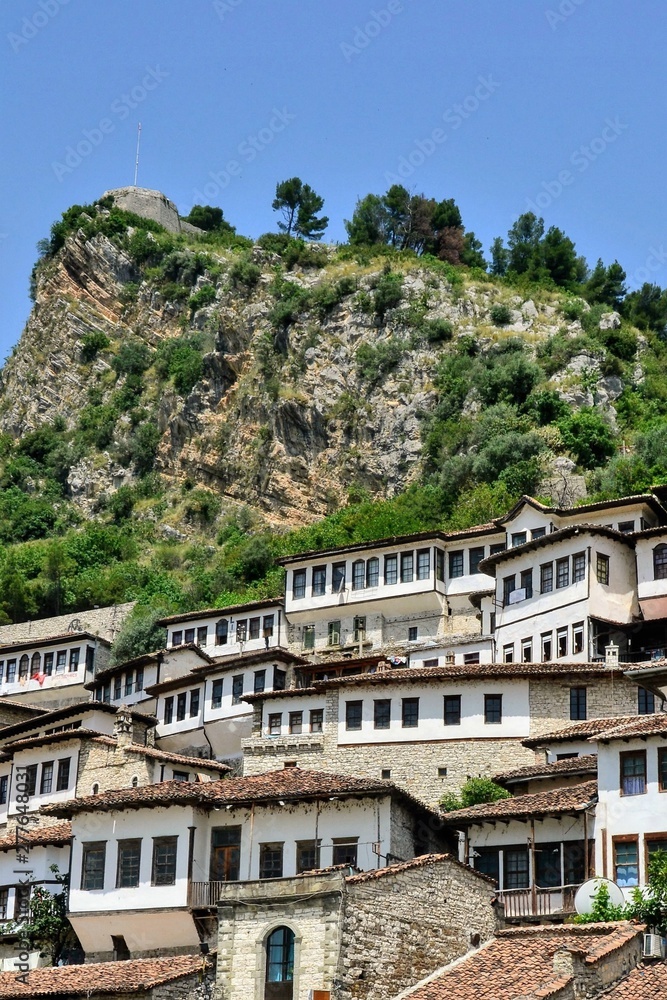 The albanian ancient city of Berat, designated a UNESCO World Heritage Site in 2008. Old stone houses at district of Mangalem and castle hill in Berat, Albania