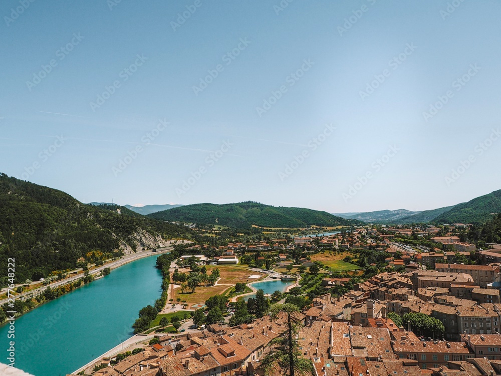 Top view of the river Durance near Sisteron in France, turquoise water