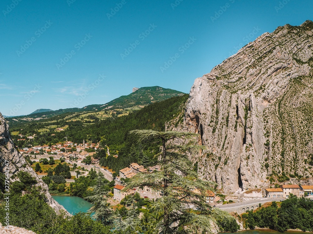 Top view of the river Durance near Sisteron in France, turquoise water