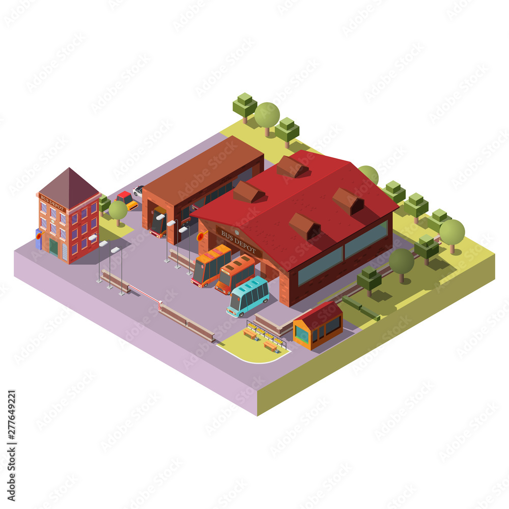Bus depot building 3d isometric projection vector icon. Buses standing in hangars, waiting to go on route cross section illustration. City public transport infrastructure, cartography design element