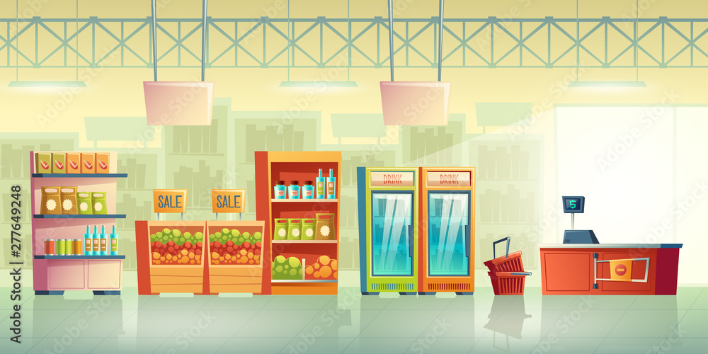 Grocery store trading room interior cartoon vector with shopping baskets near cash counter desk, fridges with drinks, food products on racks shelves illustration. Supermarket sale background template