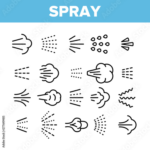 Water, Steam, Liquid Spray Vector Linear Icons Set. Letting Water, Air Through Pulverizer. Sprinkler Distributing Drops Of Liquid Lineart Design. Spraying Smoke, Steam And Gases Thin Line Illustration