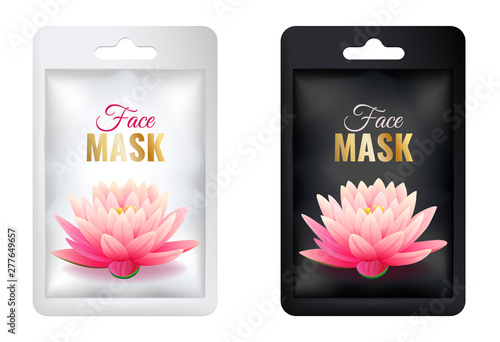 Set white and black cosmetic facial mask individual package mock up with pink lotus