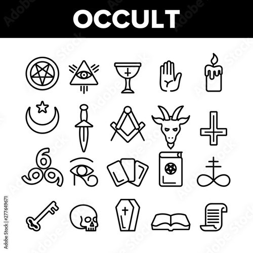 Occult, Demonic Entity Imagery Vector Linear Icons Set. Satanic Rituals, Demonic Beliefs, Superstitions. Deal With Devil, Magic, Mystic, Esoteric Lineart. Occult And Thin Line Illustration