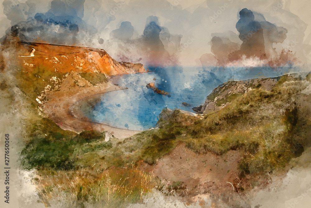 Digital watercolour painting of Stunning natural cove coastal landscape at sunset with beautiful vibrant sky
