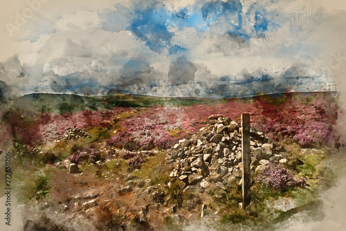 Digital watercolour painting of Beautiful vibrant landscape image of Burbage Edge and Rocks in Summer in Peak District England photo