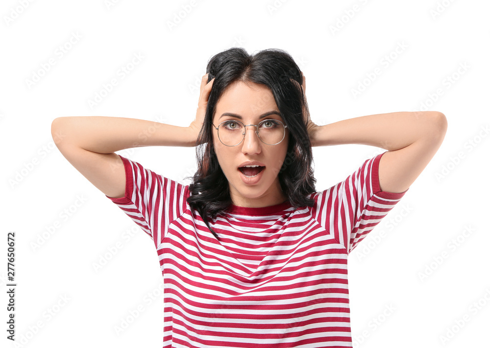 Portrait of shocked woman on white background Portrait of shocked woman on white background