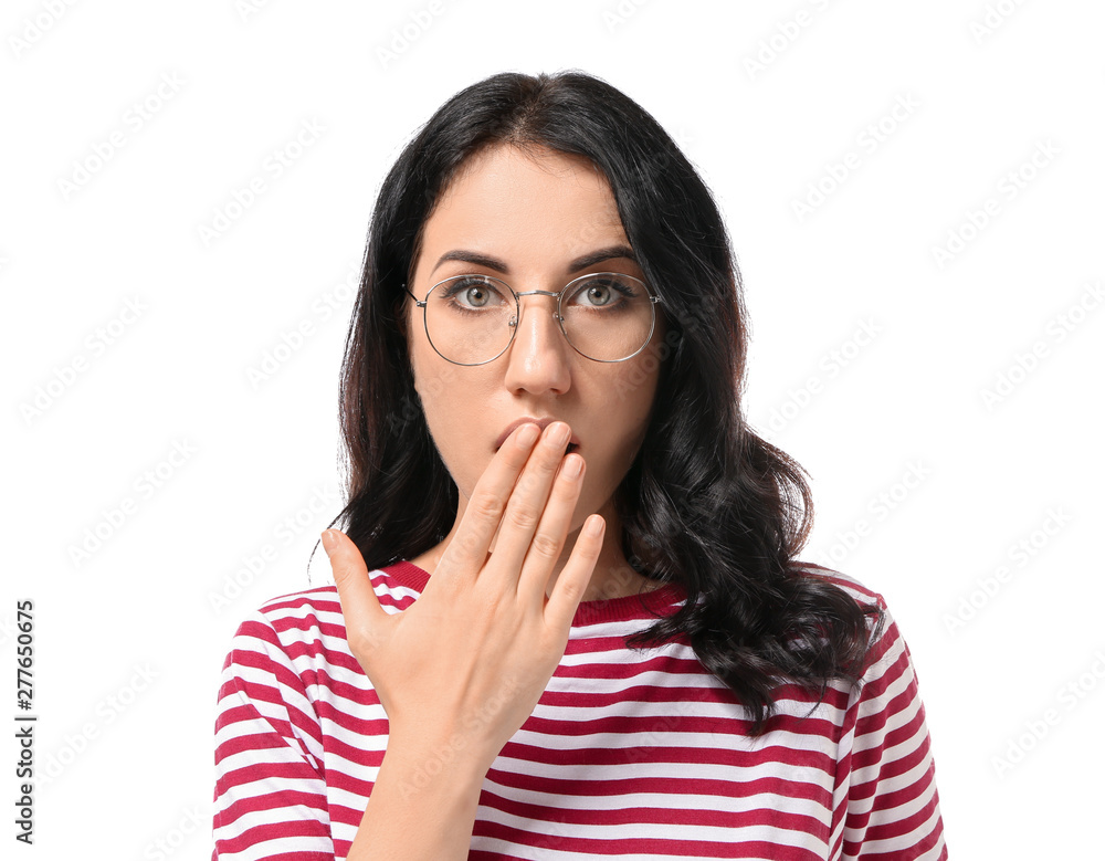 Portrait of shocked woman on white background Portrait of shocked woman on white background