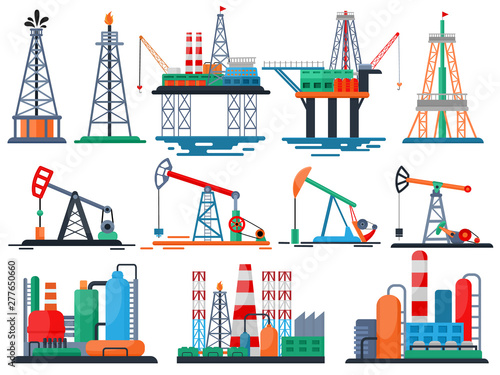 Oil industry vector oily products oiled technology producing drilling fuel pump illustration set of industrial equipment crane isolated on white background