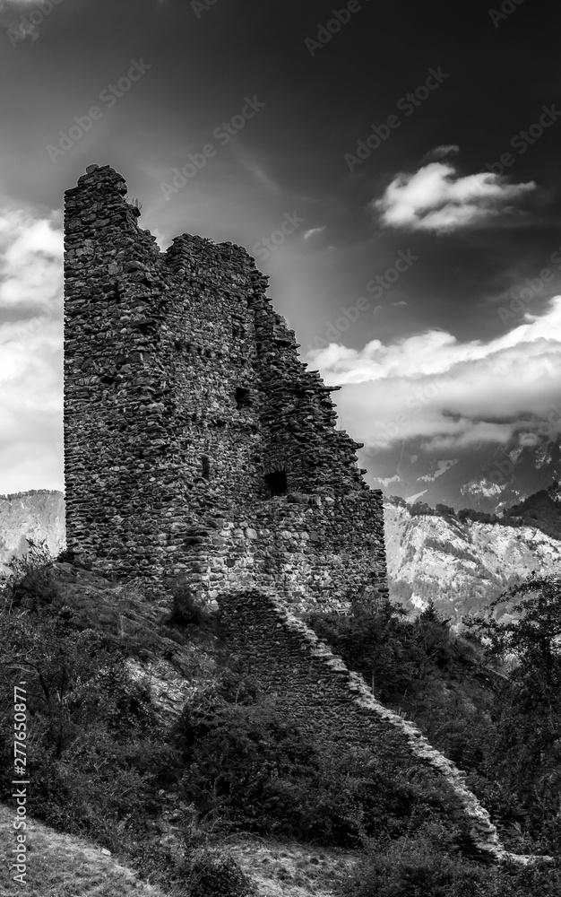 the ruins of the Freudenberg Castle in Bad Ragaz in Southeastern Switzerland in black and white the ruins of the Freudenberg Castle in Bad Ragaz in Southeastern Switzerland in black and white